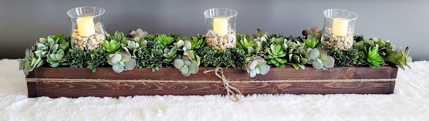 Succulent Planter Arrangement in Long Box with Flameless Candle