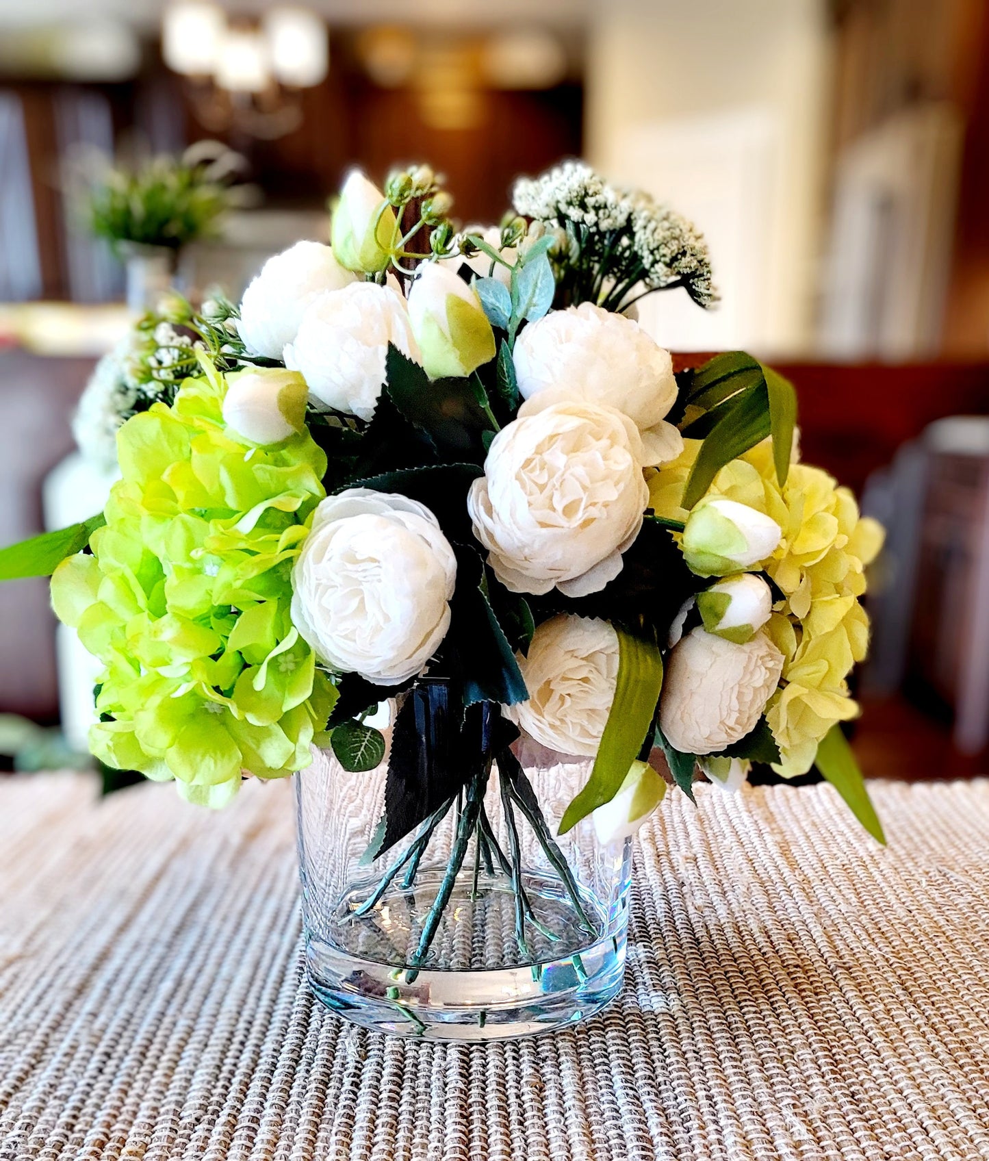 Peony and Hydrangea Large Flower Centerpiece in Glass Vase