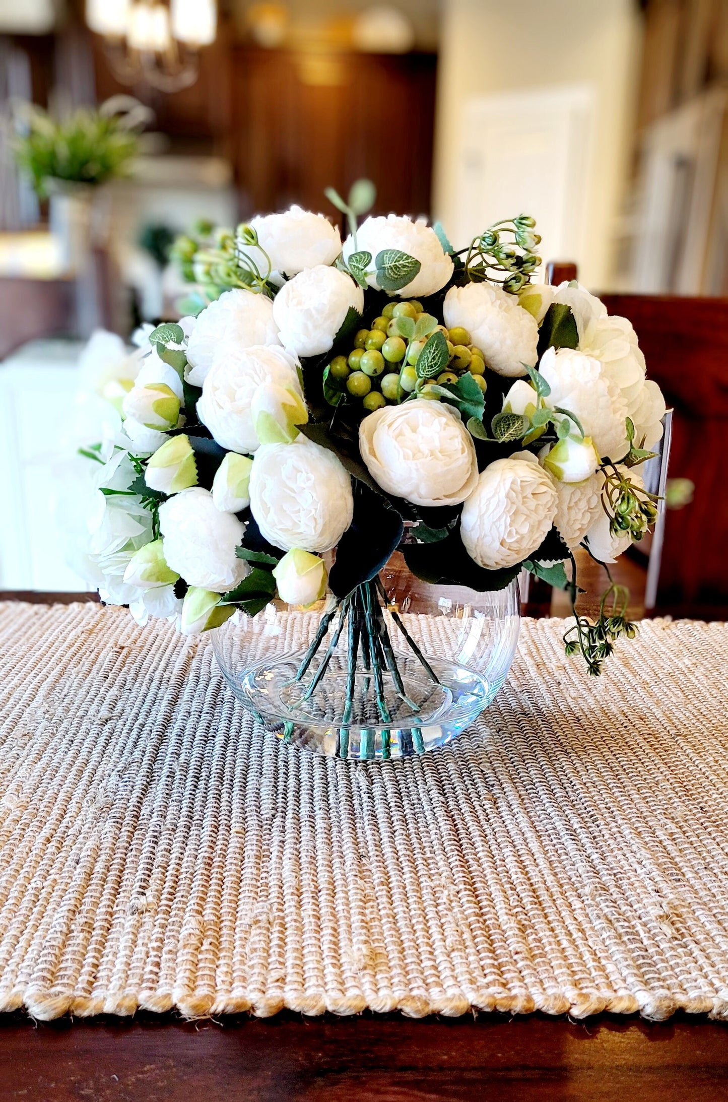 Peony Silk Flower Arrangement in Glass Vase