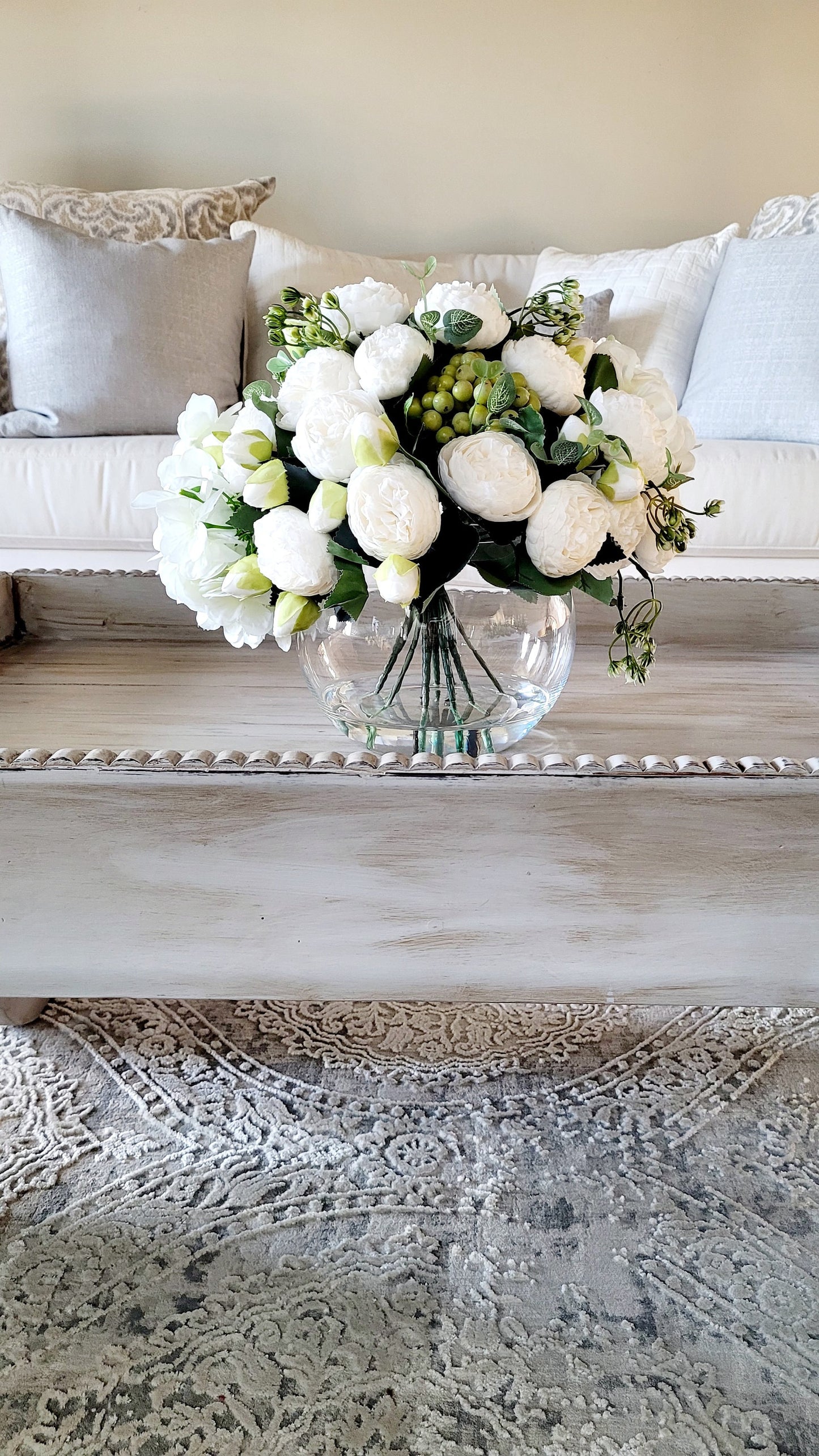 Peony Silk Flower Arrangement in Glass Vase