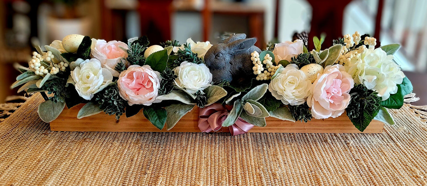 Farmhouse Style Long Easter Table Arrangement in Wood Box Easter