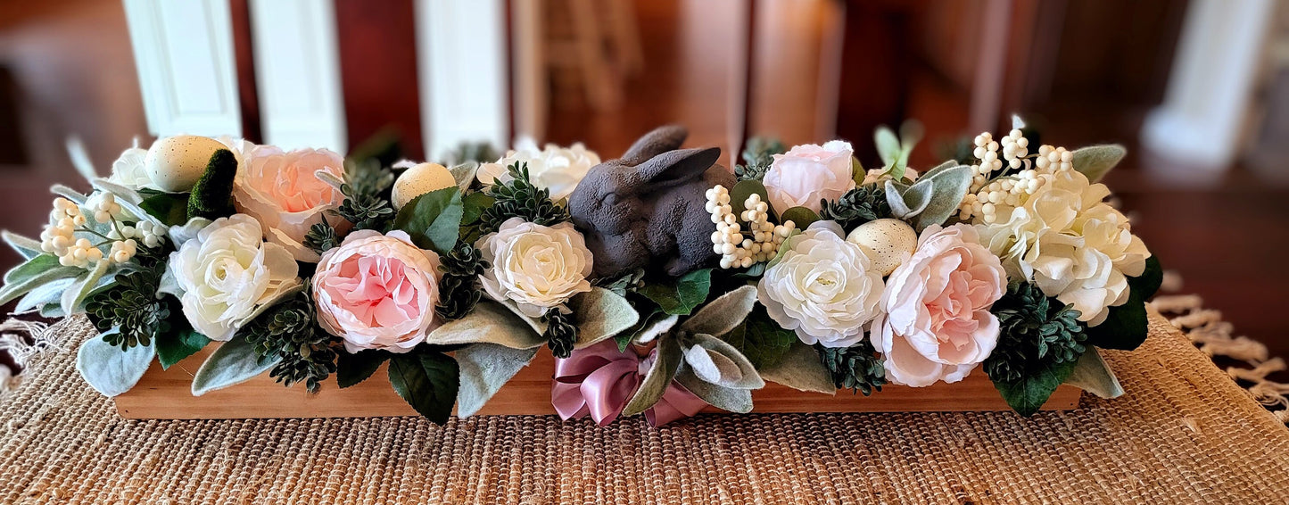 Farmhouse Style Long Easter Table Arrangement in Wood Box Easter