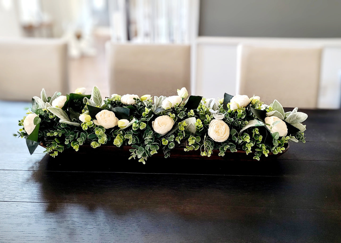 Farmhouse Dough Bowl Centerpiece Handcarved Wooden Container Rustic Peony Arrangement Faux Greenery Display Off White Floral Design Thirty Inch Long Table Accent Custom Wood Color Options Beautiful Home Decor Feminine Touch Dining Room