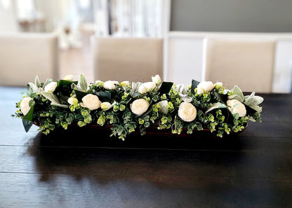Farmhouse Dough Bowl Centerpiece Handcarved Wooden Container Rustic Peony Arrangement Faux Greenery Display Off White Floral Design Thirty Inch Long Table Accent Custom Wood Color Options Beautiful Home Decor Feminine Touch Dining Room