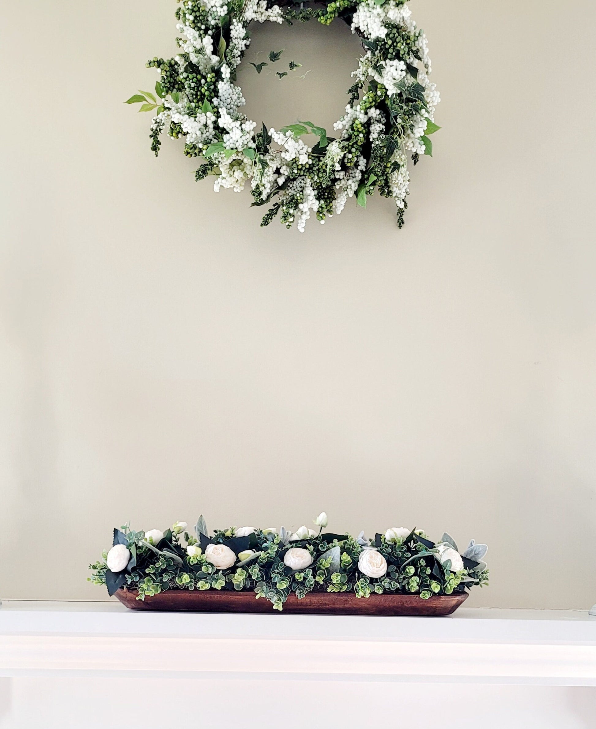 Handcarved Dough Bowl Centerpiece Rustic Farmhouse Design Peony Floral Arrangement Faux Greenery Collection Thirty Inch Long Table Display Perfect Dining Room Accent Mantle Decoration Option Island Counter Statement Custom Wood Finish