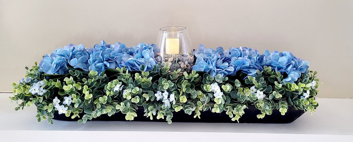 Blue Hydrangea Spring Floral Arrangement in Large Dough Bowl with Flameless Candle