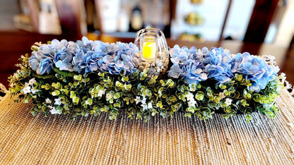 Blue Hydrangea Spring Floral Arrangement in Large Dough Bowl with Flameless Candle