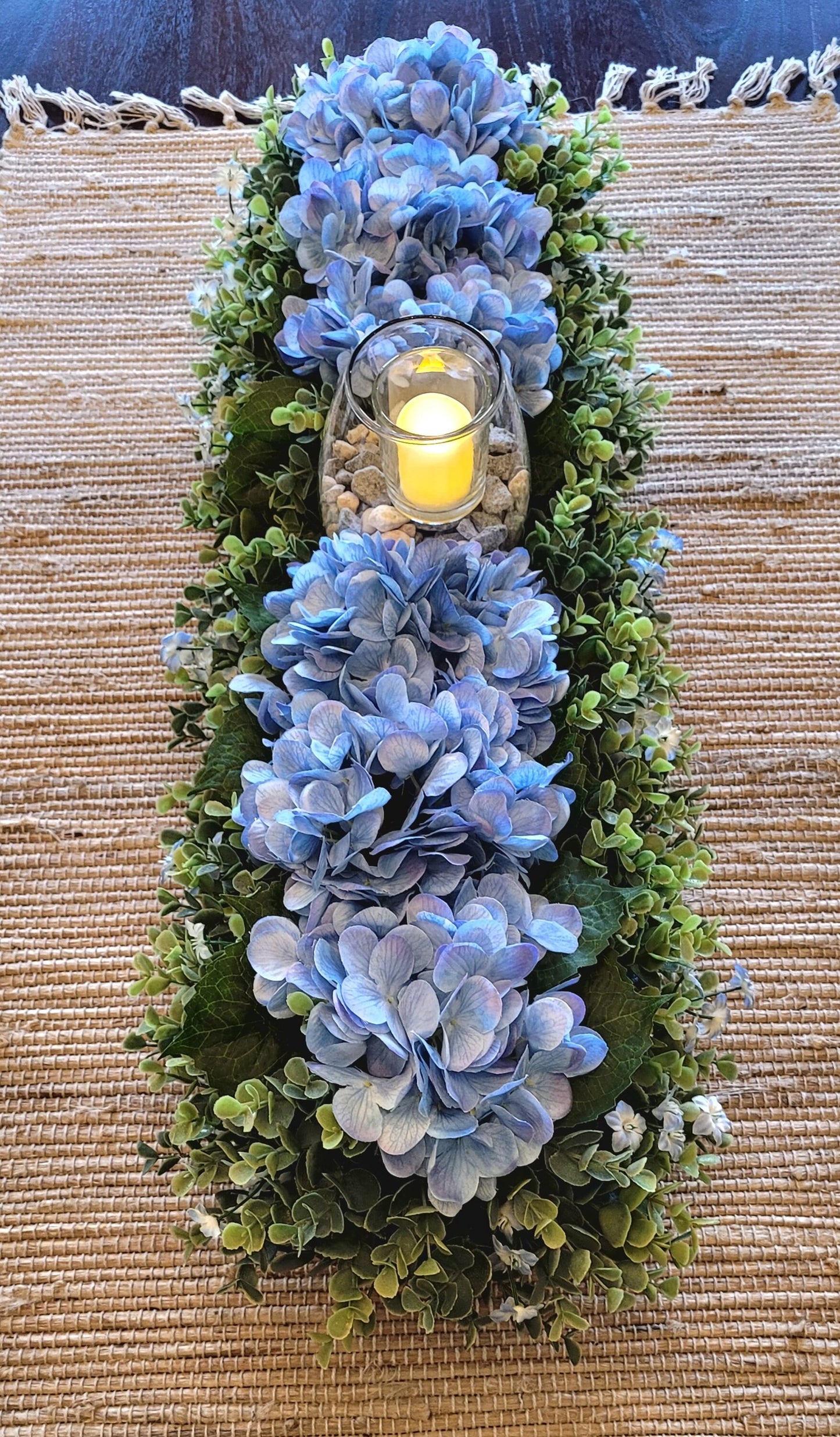 Blue Hydrangea Spring Floral Arrangement in Large Dough Bowl with Flameless Candle