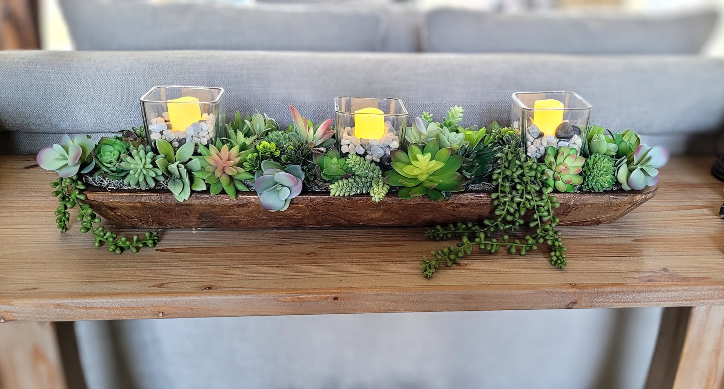 Succulents Candle Arrangement in Dough Bowl