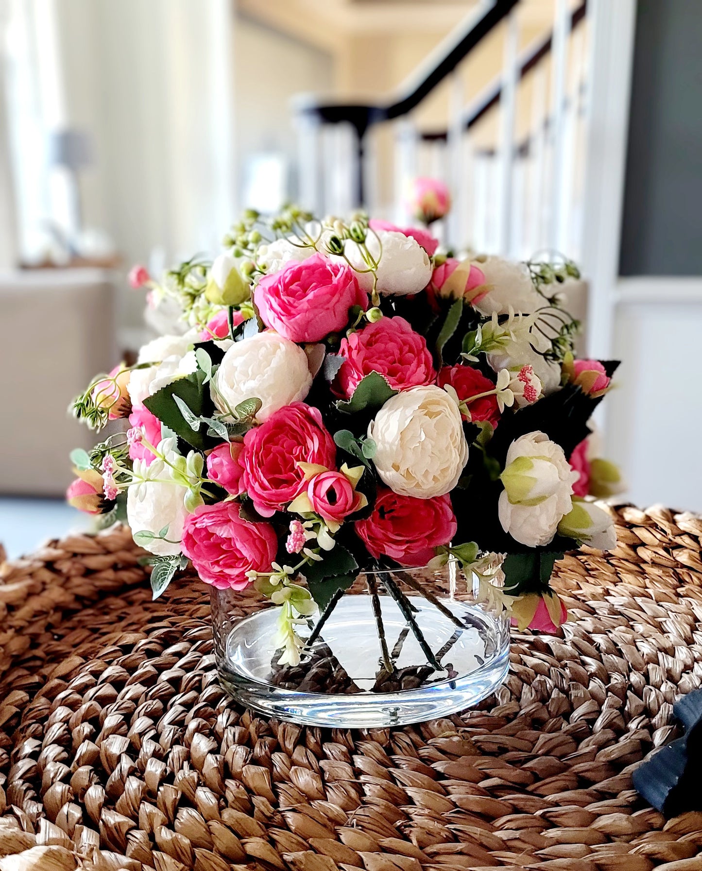 Modern Pink Peony Floral Arrangement in Glass Vase