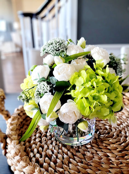 Peony and Hydrangea Large Flower Centerpiece in Glass Vase