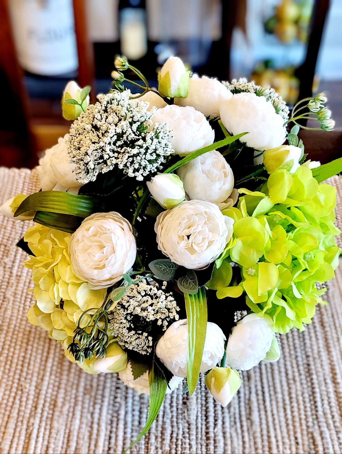 Peony and Hydrangea Large Flower Centerpiece in Glass Vase