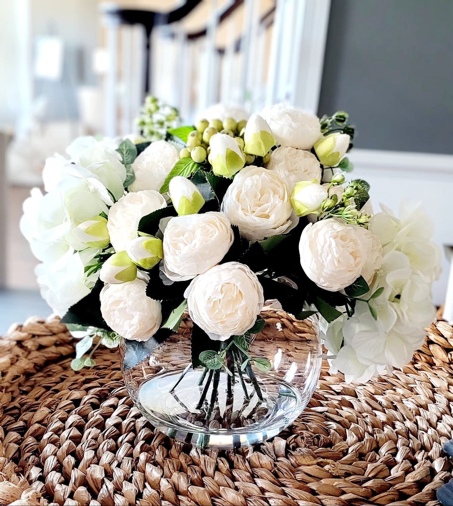 Peony Silk Flower Arrangement in Glass Vase