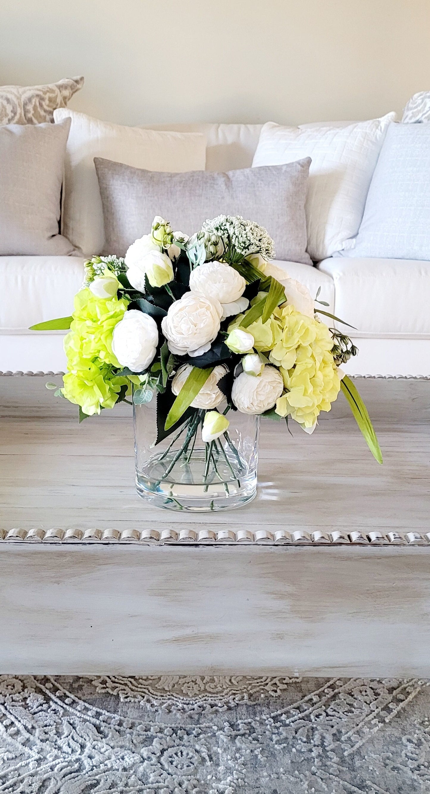 Peony and Hydrangea Large Flower Centerpiece in Glass Vase