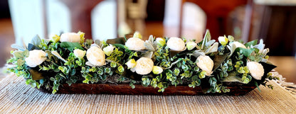 Rustic Peony Arrangement Farmhouse Dough Bowl Handcarved Wooden Centerpiece Thirty Inch Long Statement Piece Faux Floral Display Off White Blooms Greenery Accents Custom Wood Color Traditional Country Style Perfect Table Decoration Mantle