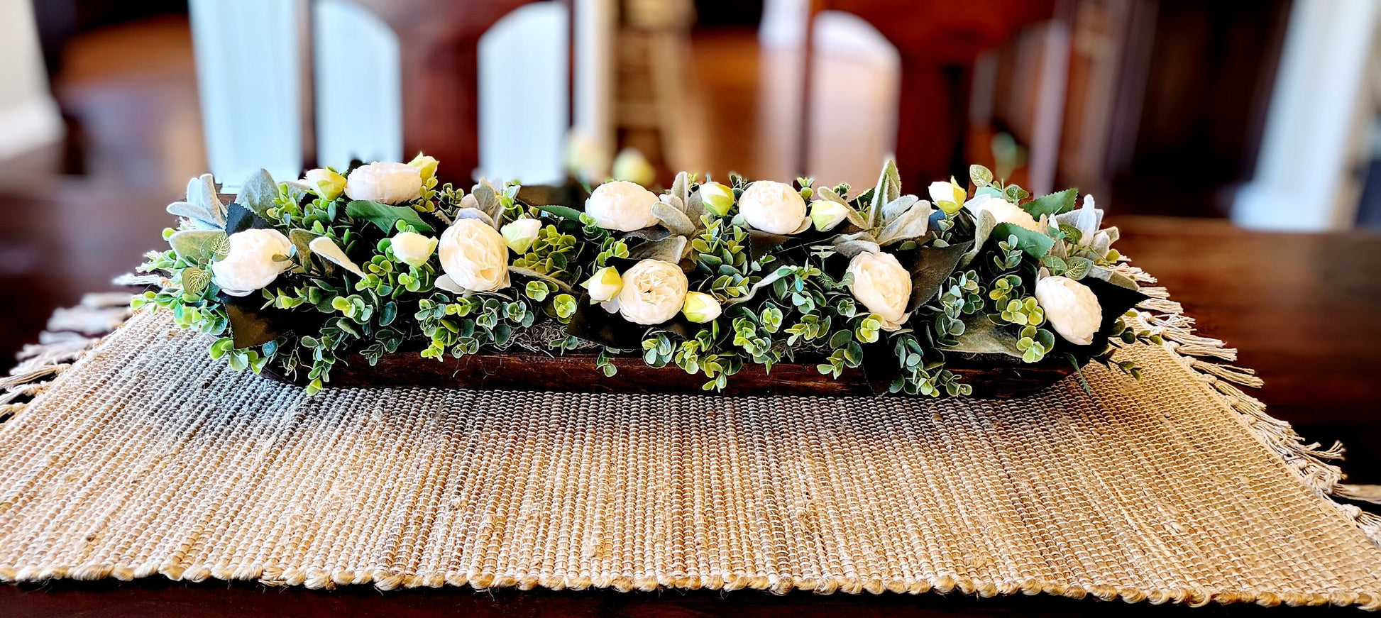 Thirty Inch Dough Bowl Handcarved Wooden Centerpiece Rustic Farmhouse Design Peony Floral Arrangement Faux Greenery Display Custom Wood Options Beautiful Table Decor Perfect Dining Room Accent Mantle Decoration Statement Piece Country Style
