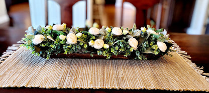 Thirty Inch Dough Bowl Handcarved Wooden Centerpiece Rustic Farmhouse Design Peony Floral Arrangement Faux Greenery Display Custom Wood Options Beautiful Table Decor Perfect Dining Room Accent Mantle Decoration Statement Piece Country Style
