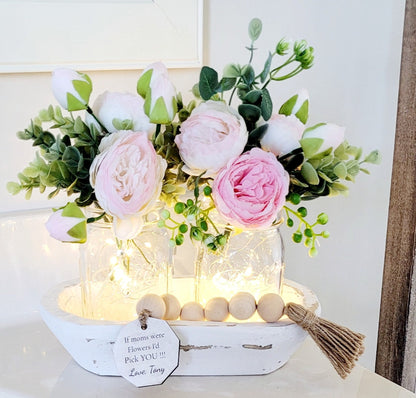 Peony Flower Decor with Wooden Beads and Personalized Tag