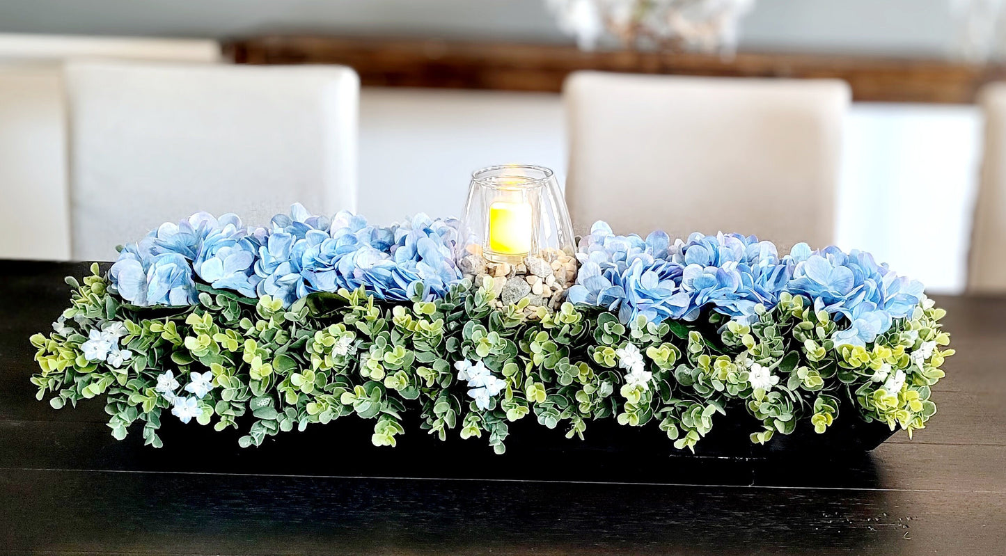 Blue Hydrangea Spring Floral Arrangement in Large Dough Bowl with Flameless Candle