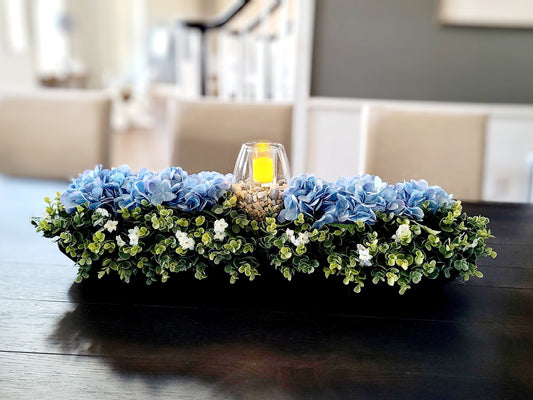 Blue Hydrangea Spring Floral Arrangement in Large Dough Bowl with Flameless Candle