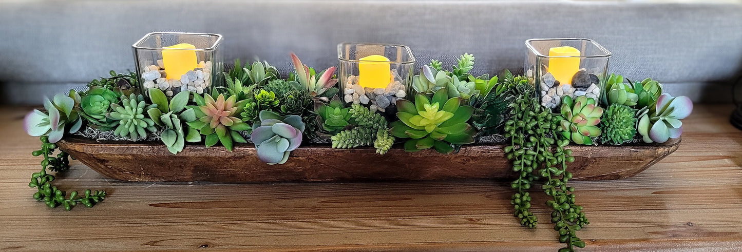 Succulents Candle Arrangement in Dough Bowl