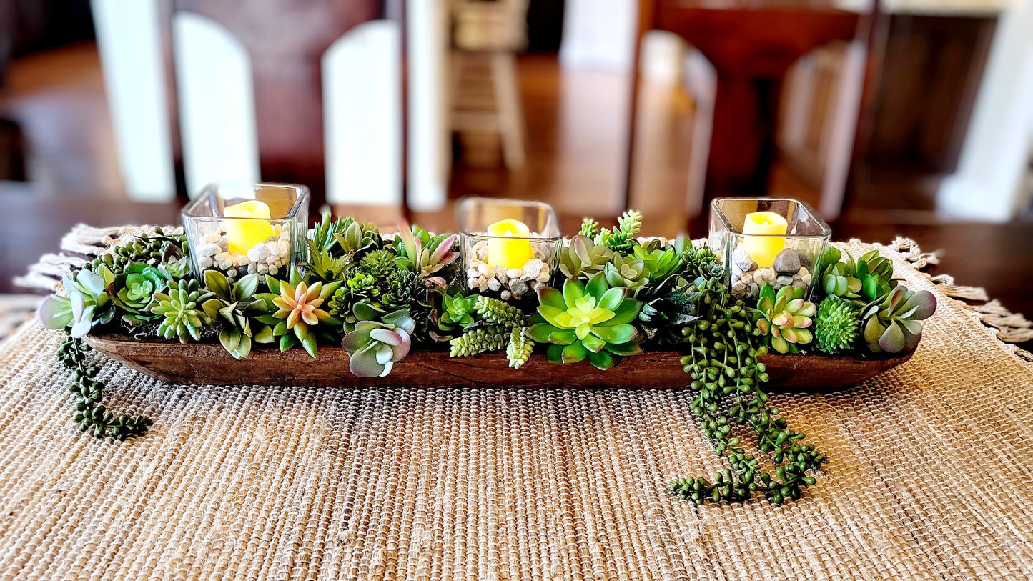 Succulents Candle Arrangement in Dough Bowl