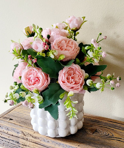 Modern Bubble White Ceramic Vase with Pink Peony