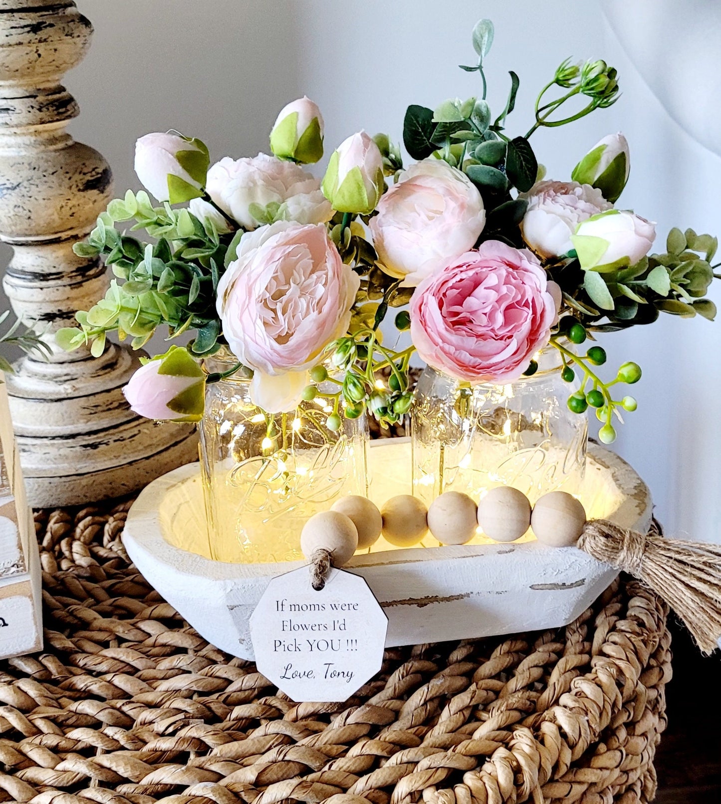 Peony Flower Decor with Wooden Beads and Personalized Tag