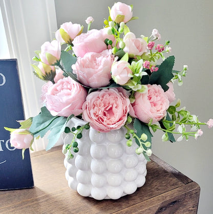 Modern Bubble White Ceramic Vase with Pink Peony