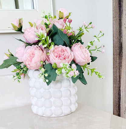 Modern Bubble White Ceramic Vase with Pink Peony