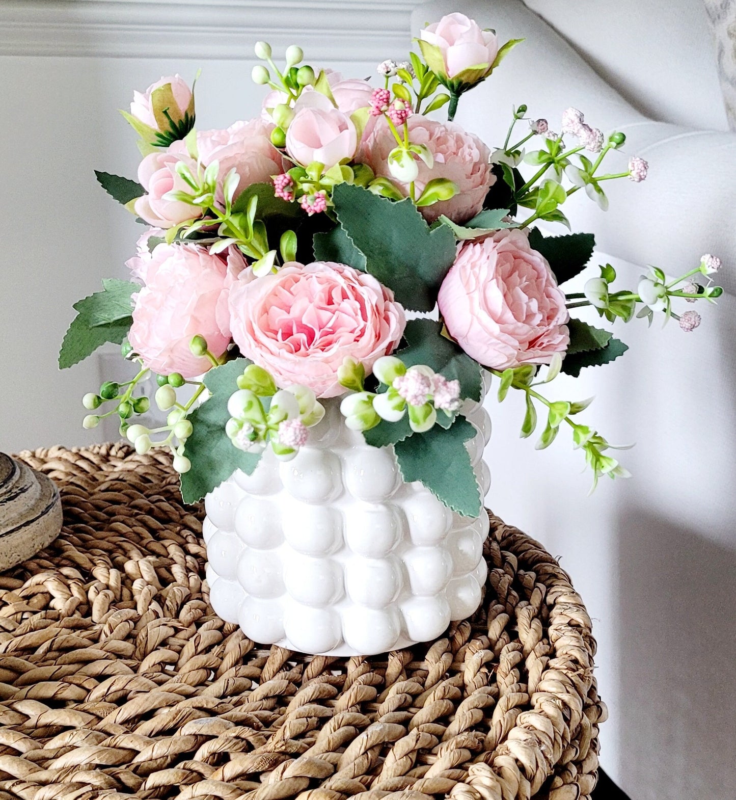 Modern Bubble White Ceramic Vase with Pink Peony