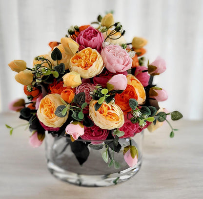 Dining Table Centerpiece Silk Flower Arrangement Artificial Peony Display Glass Vase Collection Versatile Home Styling Solution Colorful Faux Floral Piece Living Room Accent Kitchen Table Styling Office Brightening Maintenance Free Long