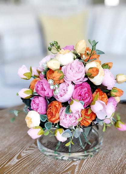 Silk Peony Modern Glass Arrangement