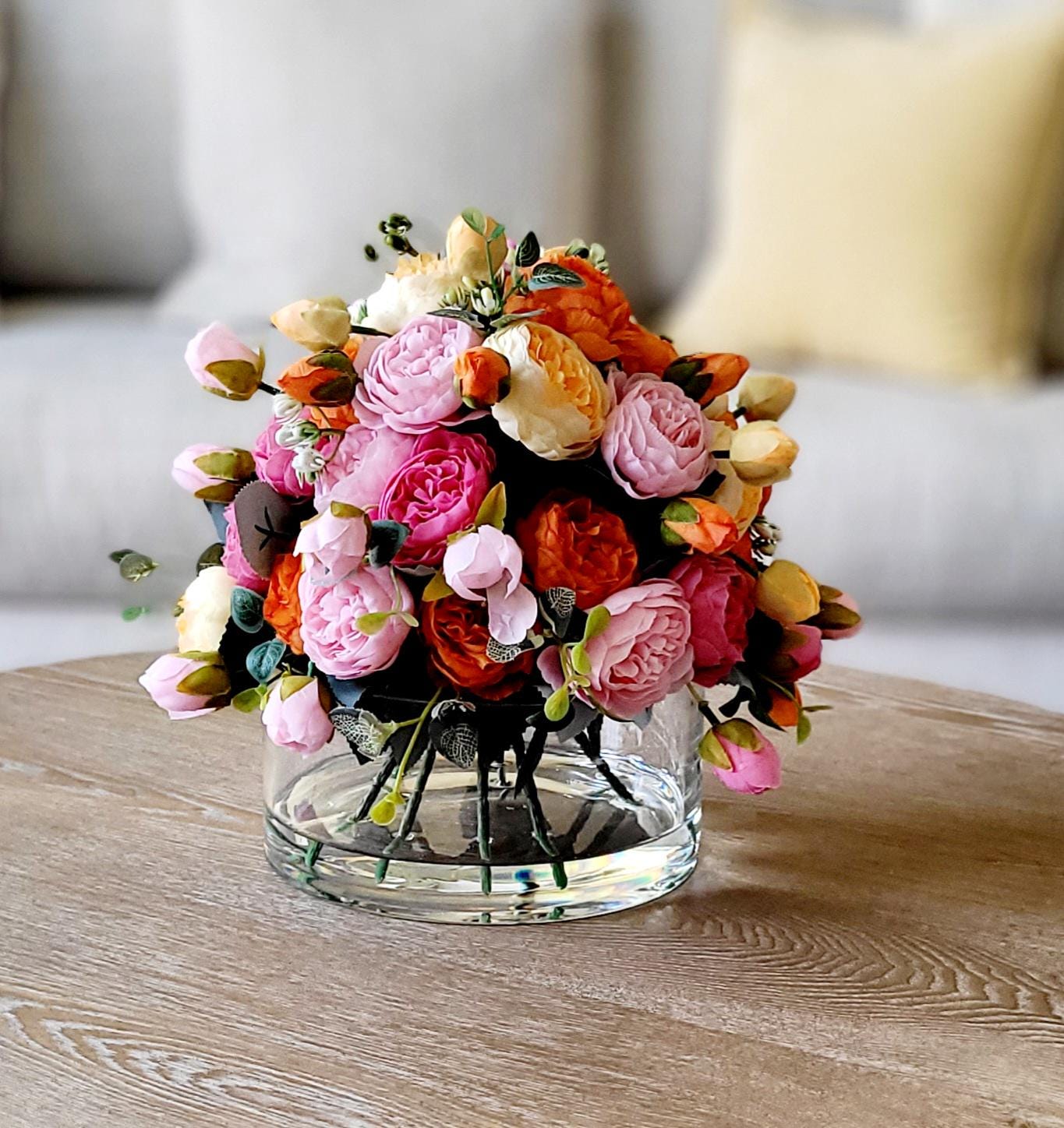 Realistic Artificial Flower Arrangement Silk Peony Centerpiece Glass Vase Collection Faux Floral Display No Water Needed Maintenance Free Home Styling Colorful Ranunculus Blooms Pink Orange Yellow Tones Perfect Dining Table Centerpiece