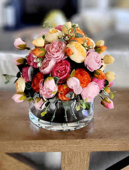 Handmade Silk Flower Centerpiece Artificial Peony Arrangement Glass Vase Display Colorful Pink Coral Orange Blooms Perfect Mothers Day Gift Idea Realistic Looking Faux Floral Collection Maintenance Free Home Styling Elegant Dining Table