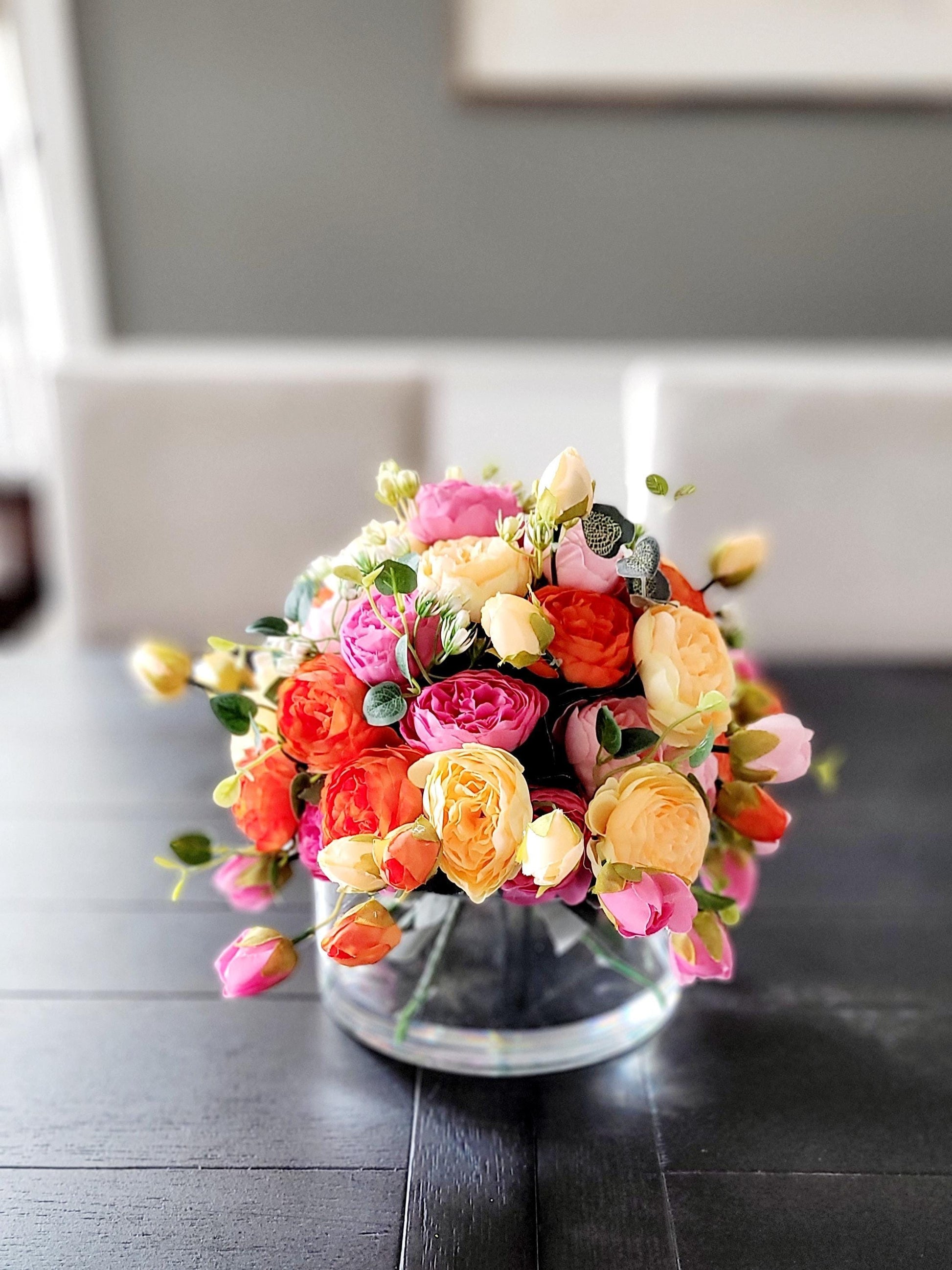 Elegant Dining Table Centerpiece Silk Flower Arrangement Glass Vase Display Colorful Peony Flowers Artificial Floral Collection Home Decor Accent Beautiful Handmade Design Realistic Looking Blooms Faux Water Effect Year Round Beauty No