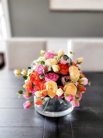 Elegant Dining Table Centerpiece Silk Flower Arrangement Glass Vase Display Colorful Peony Flowers Artificial Floral Collection Home Decor Accent Beautiful Handmade Design Realistic Looking Blooms Faux Water Effect Year Round Beauty No