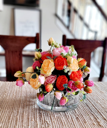Artificial Peony Arrangement Colorful Silk Flowers Glass Vase Display Realistic Looking Blooms Faux Water Effect Elegant Home Decor Dining Table Centerpiece Beautiful Handmade Design Lasting Floral Arrangement Perfect Gift Idea Special