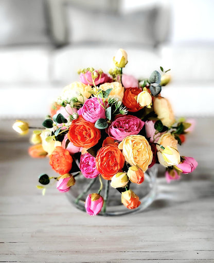 Handmade Floral Centerpiece Silk Peony Arrangement Glass Vase Display Colorful Flower Collection Elegant Table Decoration Beautiful Home Accent Realistic Looking Blooms Faux Water Effect Perfect Mothers Day Gift Thoughtful Present Special