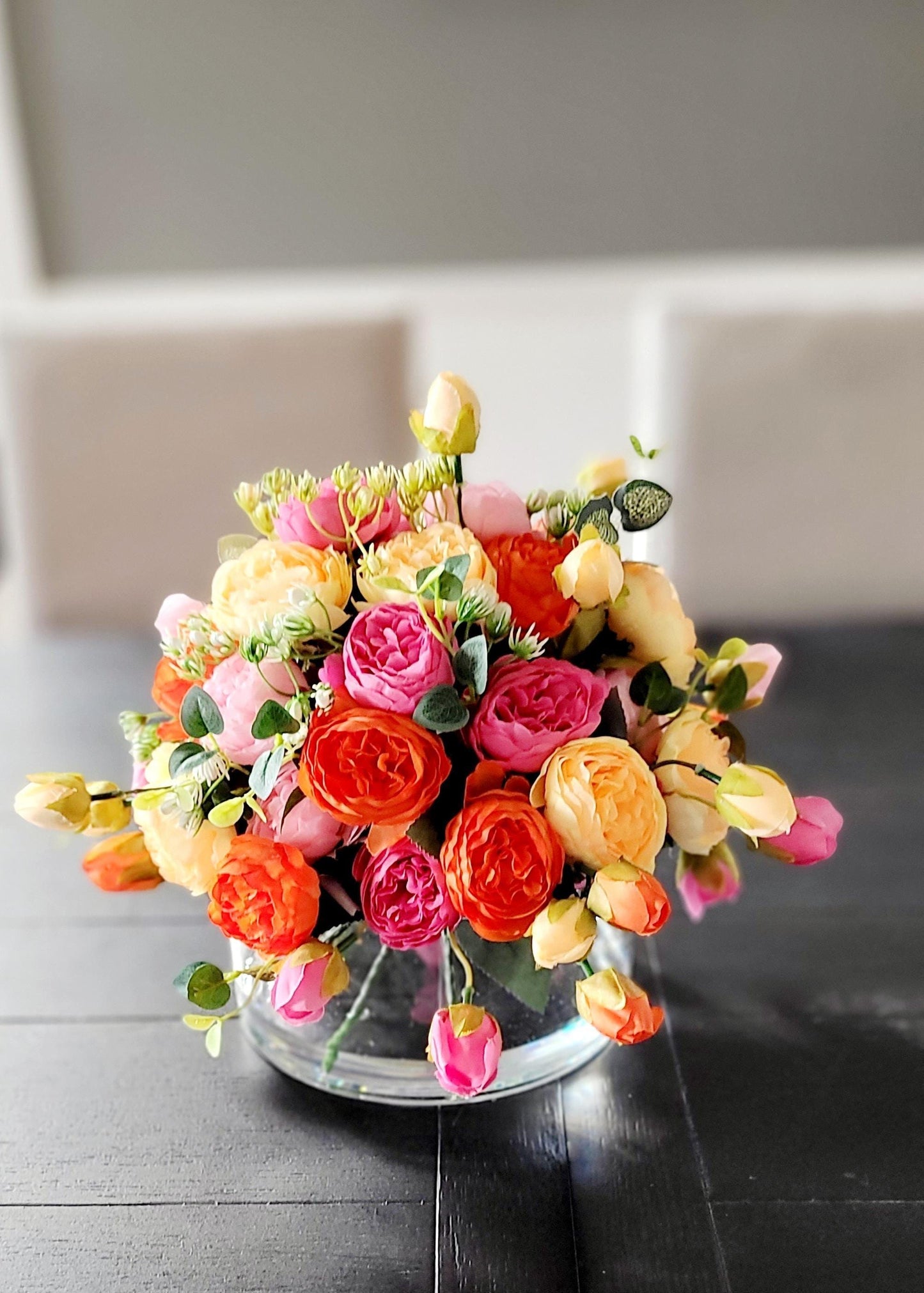 Colorful Peony Display Silk Flower Arrangement Glass Vase Centerpiece Elegant Home Decoration Beautiful Dining Table Accent Handmade Floral Design Realistic Looking Blooms Perfect Gift Idea Special Mom Present Lasting Beauty Vibrant Color
