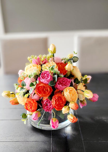 Colorful Peony Display Silk Flower Arrangement Glass Vase Centerpiece Elegant Home Decoration Beautiful Dining Table Accent Handmade Floral Design Realistic Looking Blooms Perfect Gift Idea Special Mom Present Lasting Beauty Vibrant Color