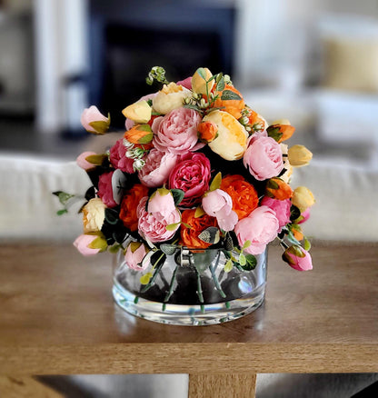 Colorful Silk Peony Arrangement Vibrant Pink Coral Orange Blooms Artificial Flower Centerpiece Glass Vase Display Faux Floral Home Styling Realistic Looking Collection Maintenance Free Beautiful Accent Piece Dining Table Living Room Office