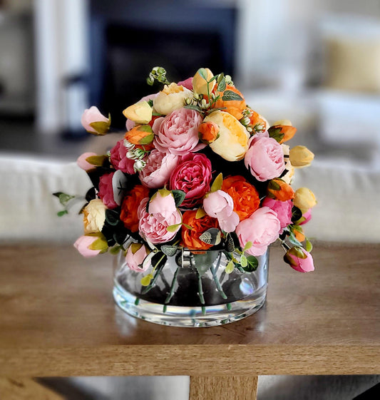 Colorful Silk Peony Arrangement Vibrant Pink Coral Orange Blooms Artificial Flower Centerpiece Glass Vase Display Faux Floral Home Styling Realistic Looking Collection Maintenance Free Beautiful Accent Piece Dining Table Living Room Office
