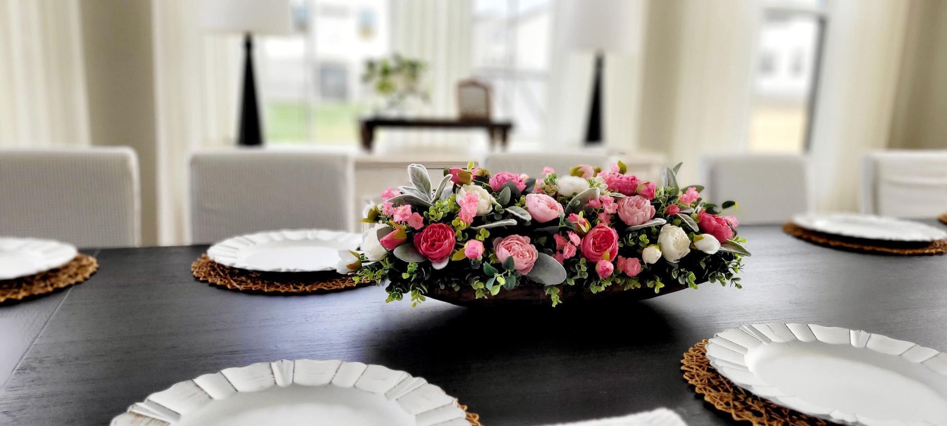 Farmhouse Rustic Centerpiece Pink Peony Arrangement Silk Flowers Dough Bowl Display Dining Table Spring Styling White Floral Accents Eucalyptus Greenery Wedding Reception Table Beautiful Romantic Elegant Design Artificial Blooms Maintenance