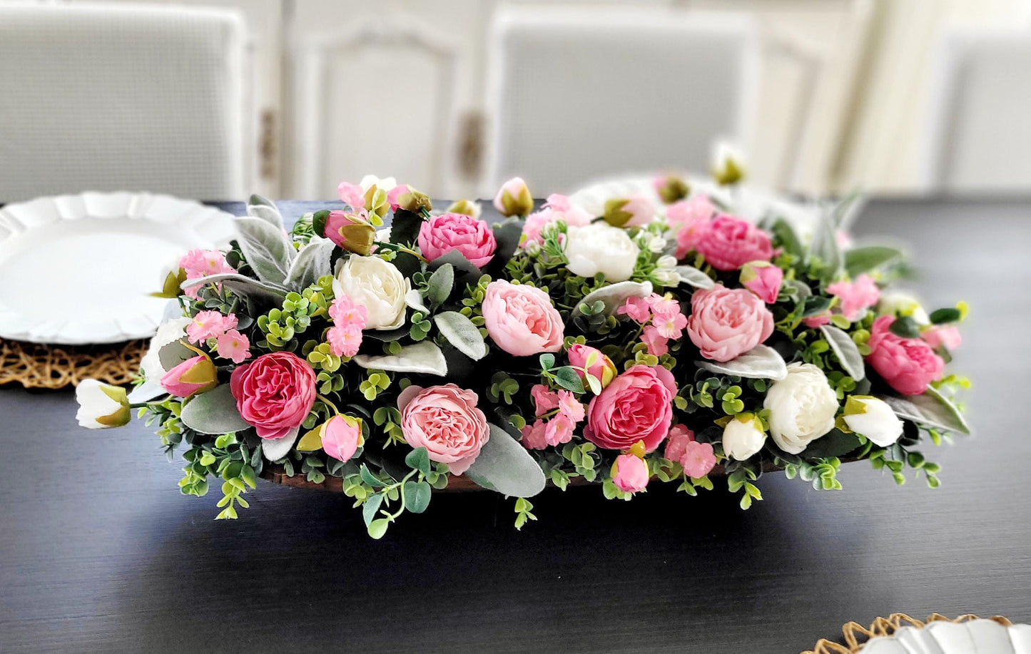 Dining Table Spring Centerpiece Pink Peony Silk Arrangement Dough Bowl Floral Display Farmhouse Rustic Style White Cream Blooms Eucalyptus Greenery Wedding Reception Mantle Beautiful Romantic Elegant Design Artificial Flowers Maintenance