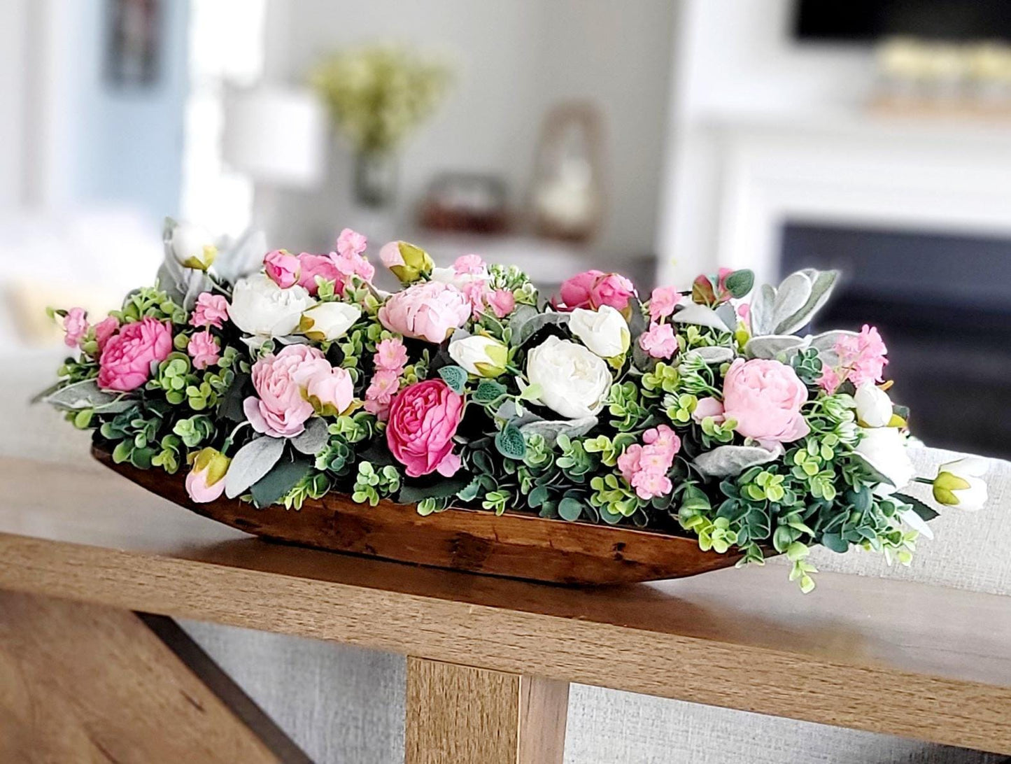 Pink Peony Centerpiece in Wood Dough Bowl