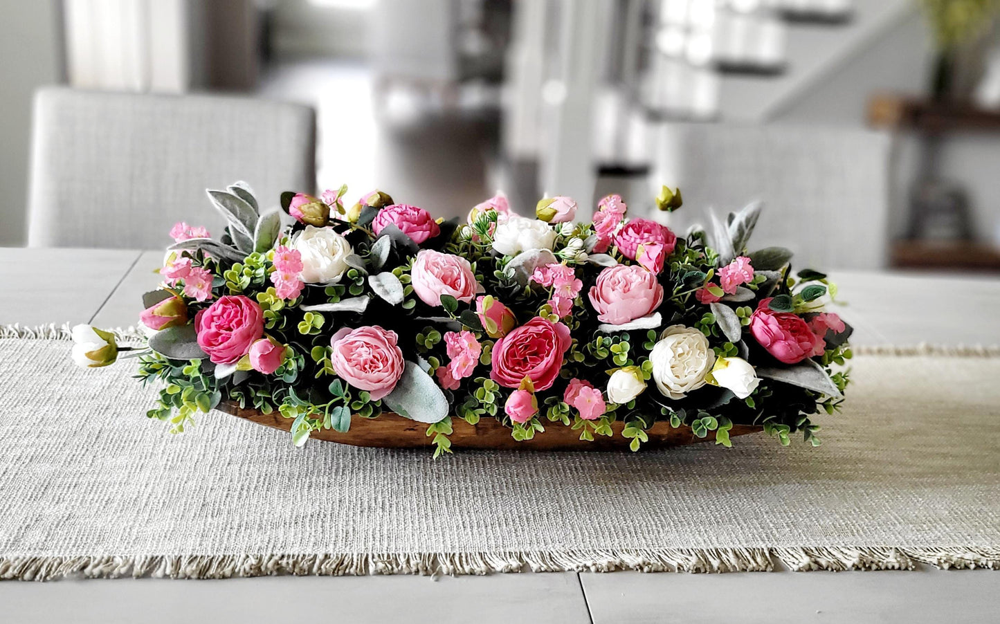 Pink Peony Centerpiece in Wood Dough Bowl