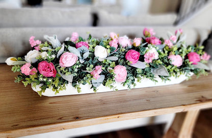 Pink Peony Centerpiece in Wood Dough Bowl