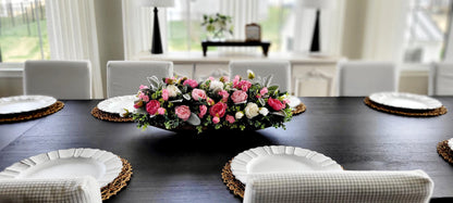 Pink Peony Centerpiece Wedding Table Arrangement Silk Flower Display Dough Bowl Container Romantic Floral Styling White Cream Blooms Eucalyptus Greenery Accents Farmhouse Rustic Charm Dining Room Mantle Spring Season Beautiful Reception