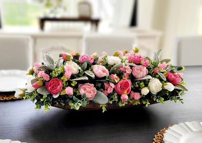 Silk Peony Floral Arrangement Pink White Centerpiece Dough Bowl Display Wedding Table Styling Farmhouse Rustic Charm Dining Room Mantle Spring Season Eucalyptus Greenery Accents Beautiful Romantic Elegant Design Artificial Flowers
